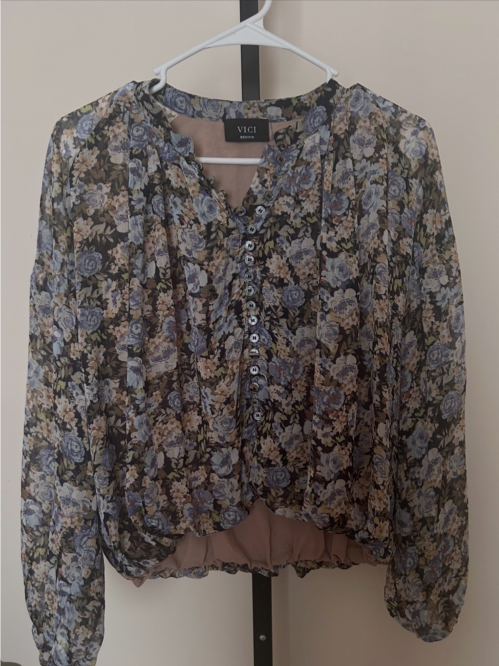 VICI Blue Floral Sheer Button-Up Blouse